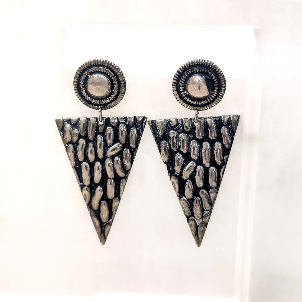 Vintage Clip On Earrings Long Triangle Shape Statement Dangle Dark Metal